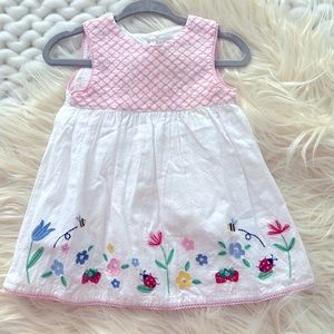 Jojo Maman Bebe white and pink smocked dress with flowers and insets. 3-6 months